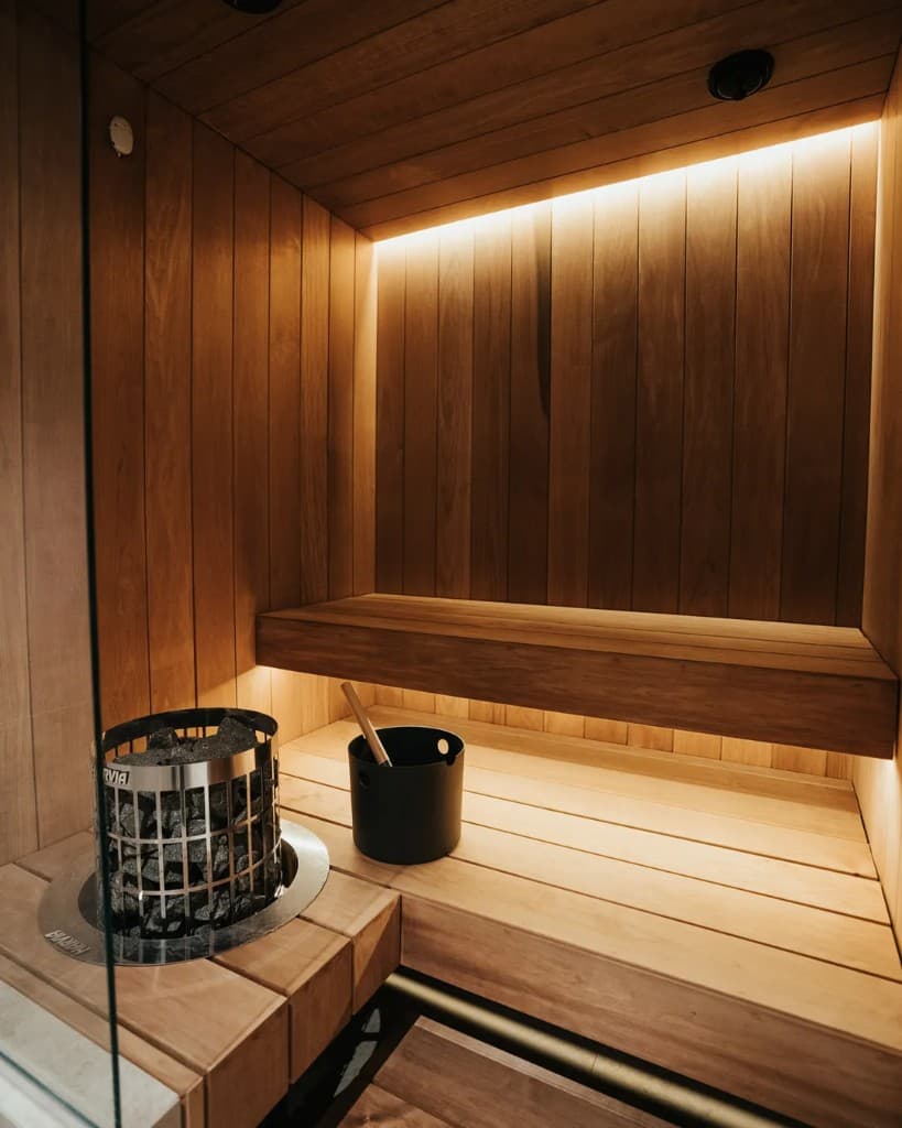 Traditional wooden Finnish sauna interior